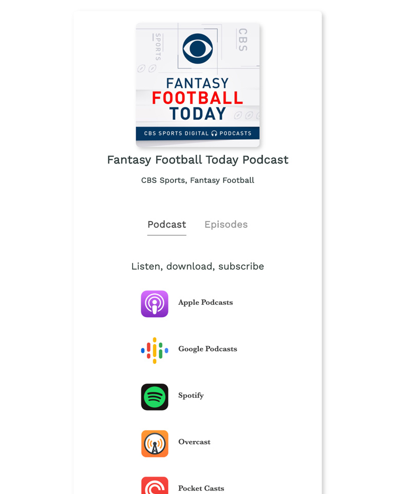 Fantasy Football Today podcast apps links landing page example