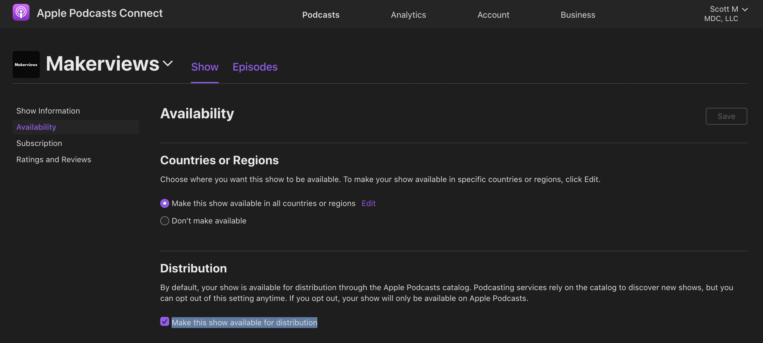 Apple Podcasts Connect screenshot highlighting podcast distribution availability setting checked