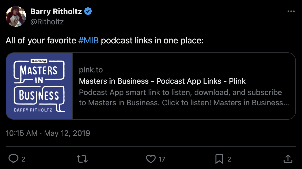 Barry Ritholtz Masters in Business Plink podcast link tweet share example 2019