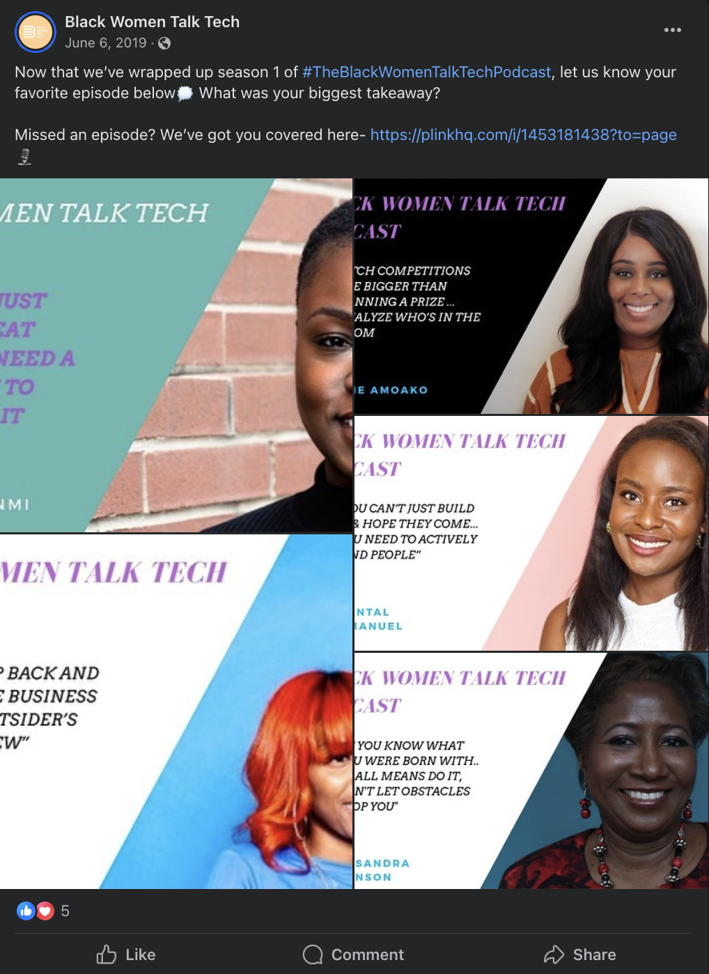 Black Women Talk Tech podcast shared to facebook Plink podcast link example 2019