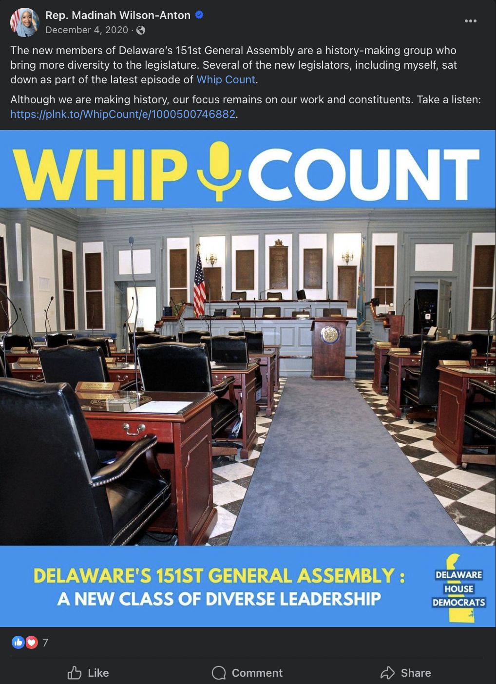Whip Count podcast with Rep. Madinah Wilson-Anton episode shared to facebook with Plink podcast link in 2020